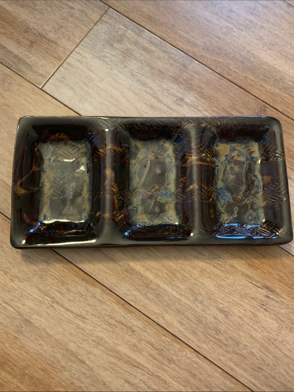 Ceramic 3-Compartment Serving Dish in Brown Glaze